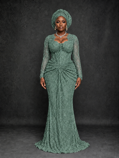 BOLODOO Eucalyptus Beaded Lace Long Sleeve Mermaid Gown Sweetheart | Mother of the Bride - Eucalyptus - Eucalyptus_1