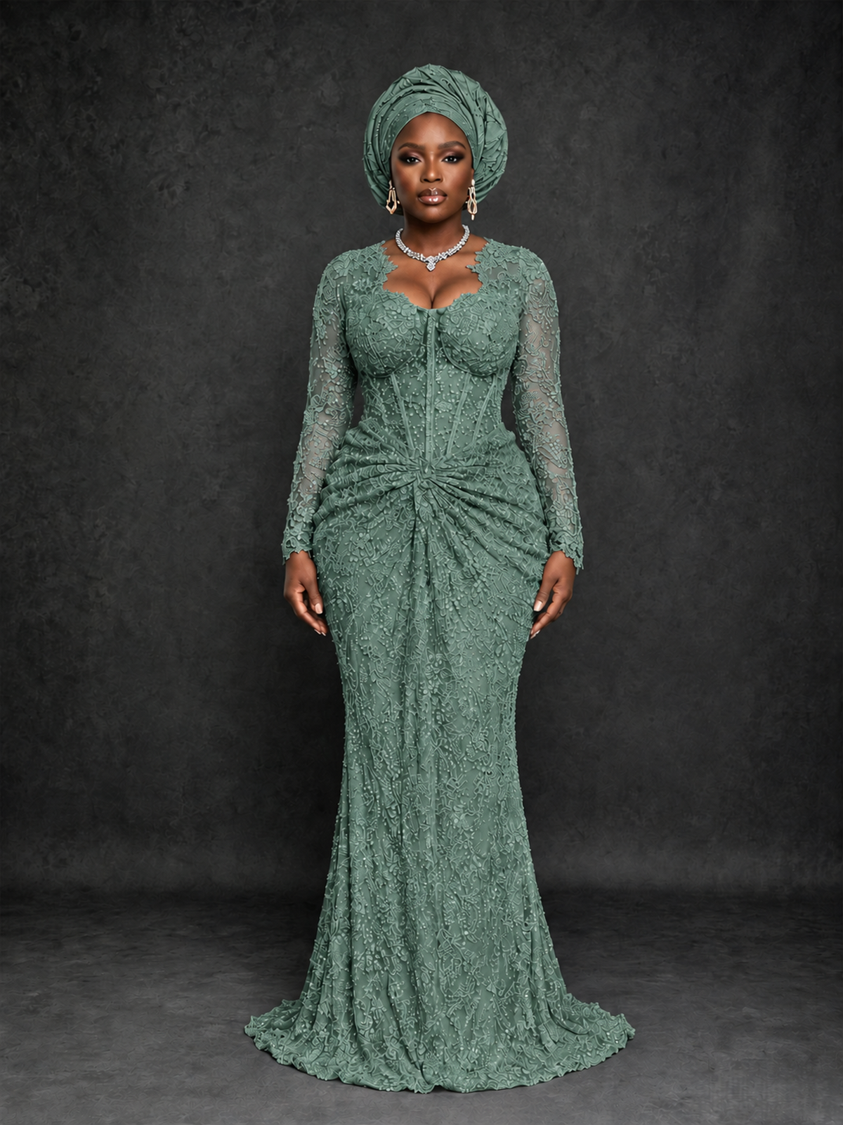 BOLODOO Eucalyptus Beaded Lace Long Sleeve Mermaid Gown Sweetheart | Mother of the Bride - Eucalyptus - Eucalyptus_1