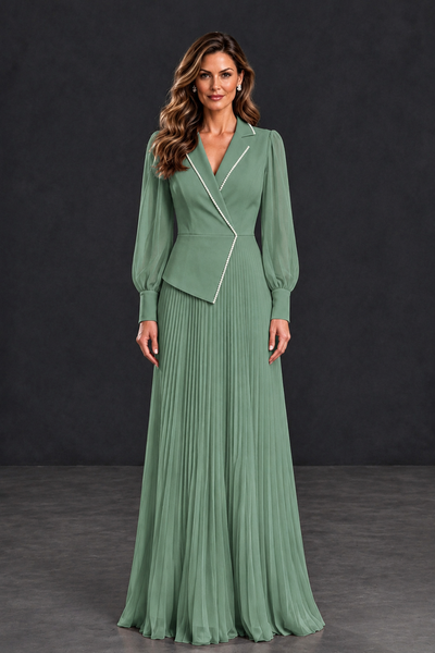 BOLODOO Eucalyptus Long Sleeve Pleated Mother of the Bride Dress - Eucalyptus - Eucalyptus_1