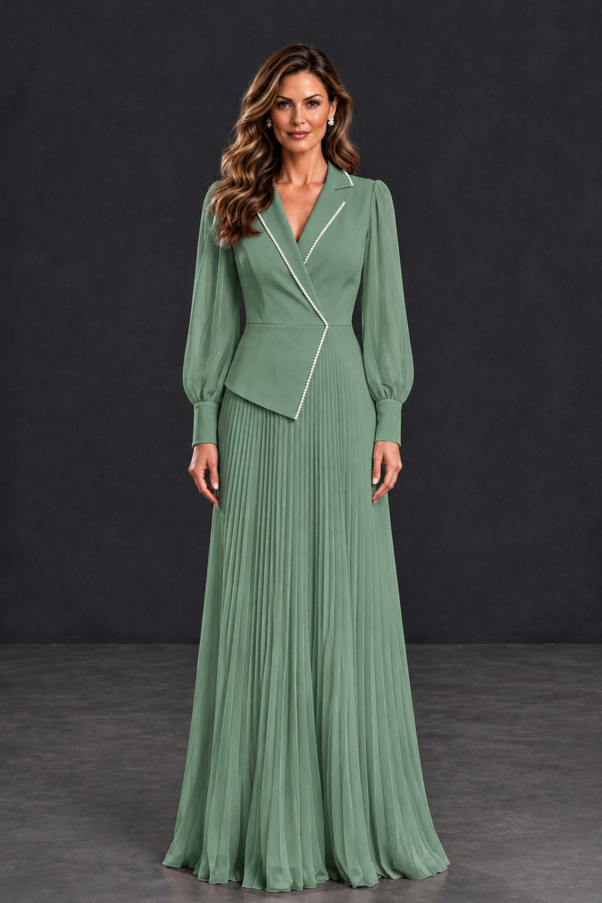 BOLODOO Eucalyptus Long Sleeve Pleated Mother of the Bride Dress - Eucalyptus - Eucalyptus_1