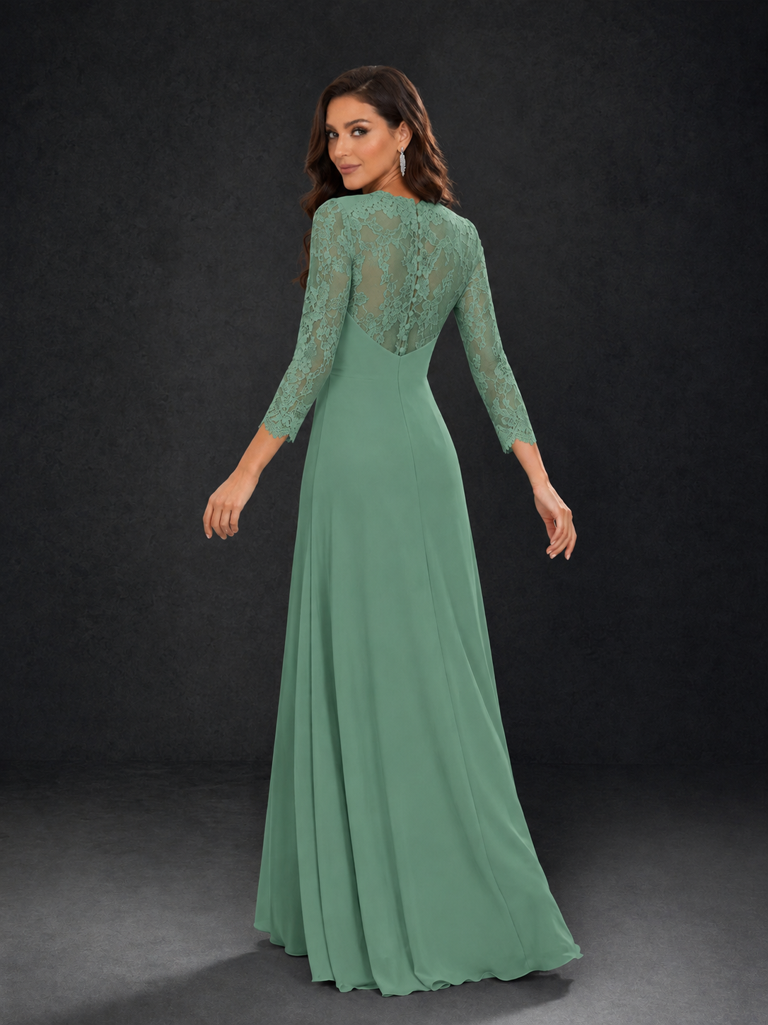 BOLODOO Eucalyptus Lace Sleeve V-Neck Floral Waist Chiffon A-Line Maxi Dress - Eucalyptus