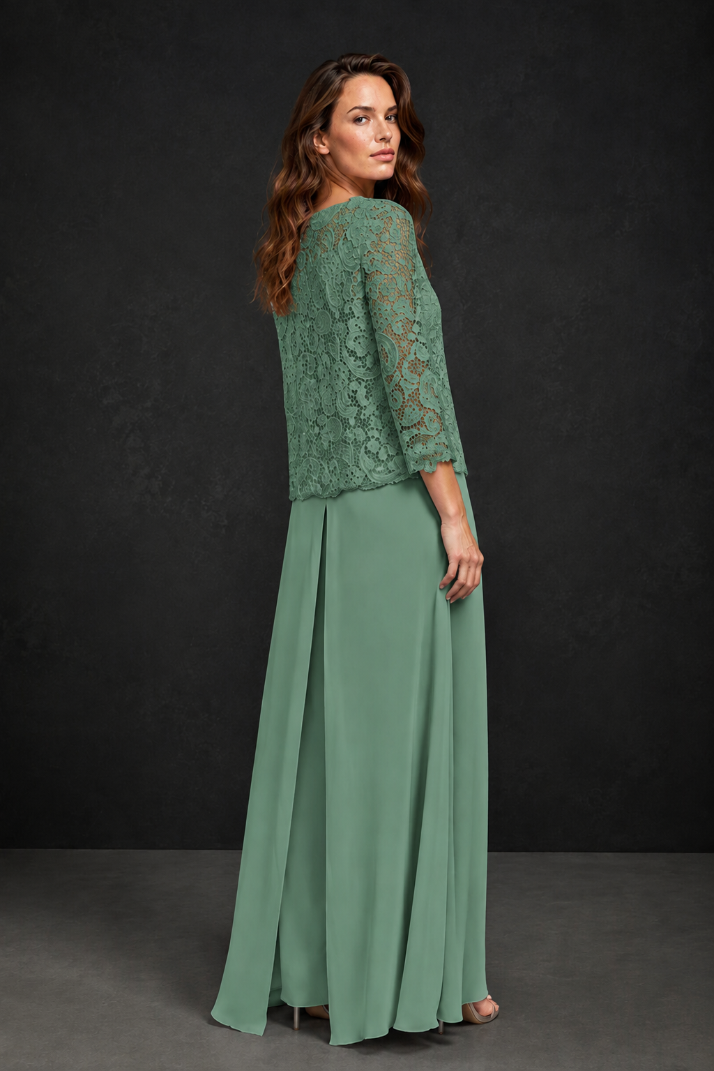 BOLODOO Eucalyptus Grey Lace Peplum Top & Wide-Leg Chiffon Pants Set | Mother of the Bride & Formal Evening Outfit - Eucalyptus