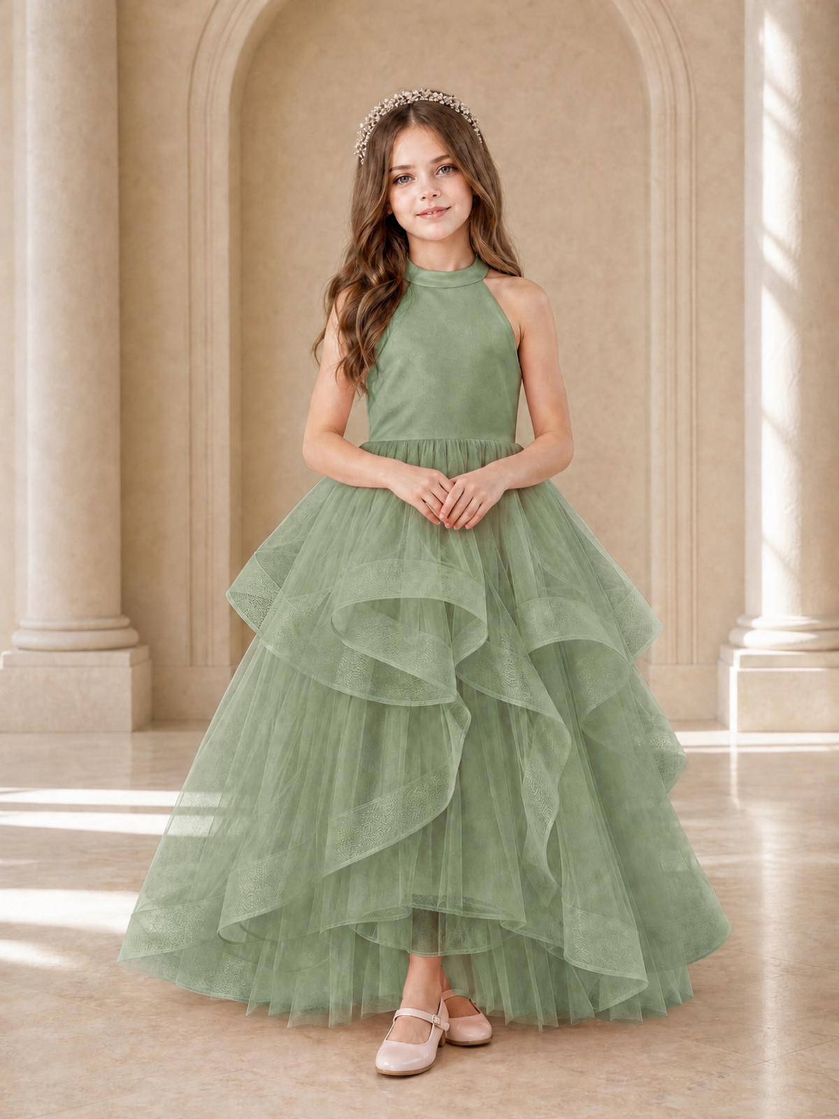 BOLODOO Eucalyptus Halter Tiered Tulle Flower Girl Dress with Bow Back - Eucalyptus - Eucalyptus_2