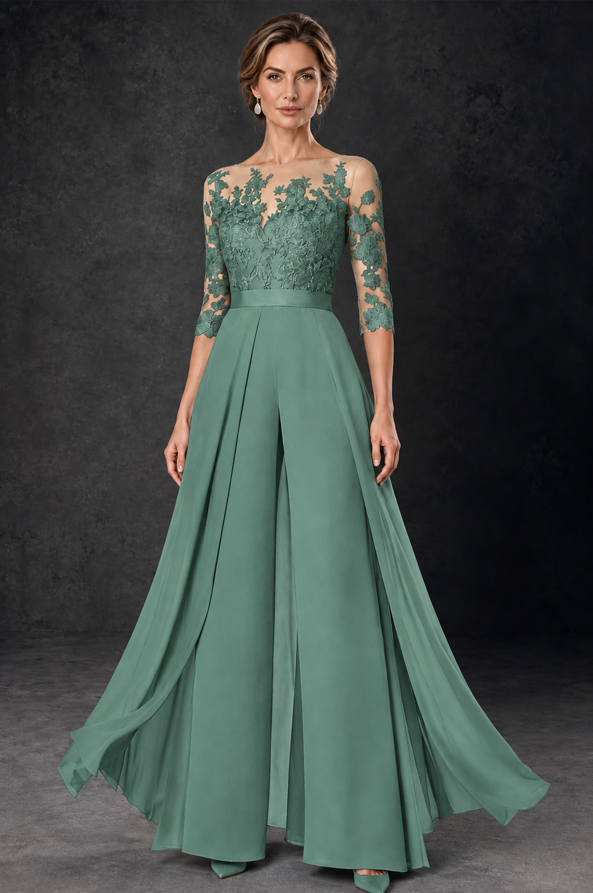 BOLODOO Eucalyptus Lace Wide-Leg Jumpsuit with Three-Quarter Sleeves - Eucalyptus - Eucalyptus_2