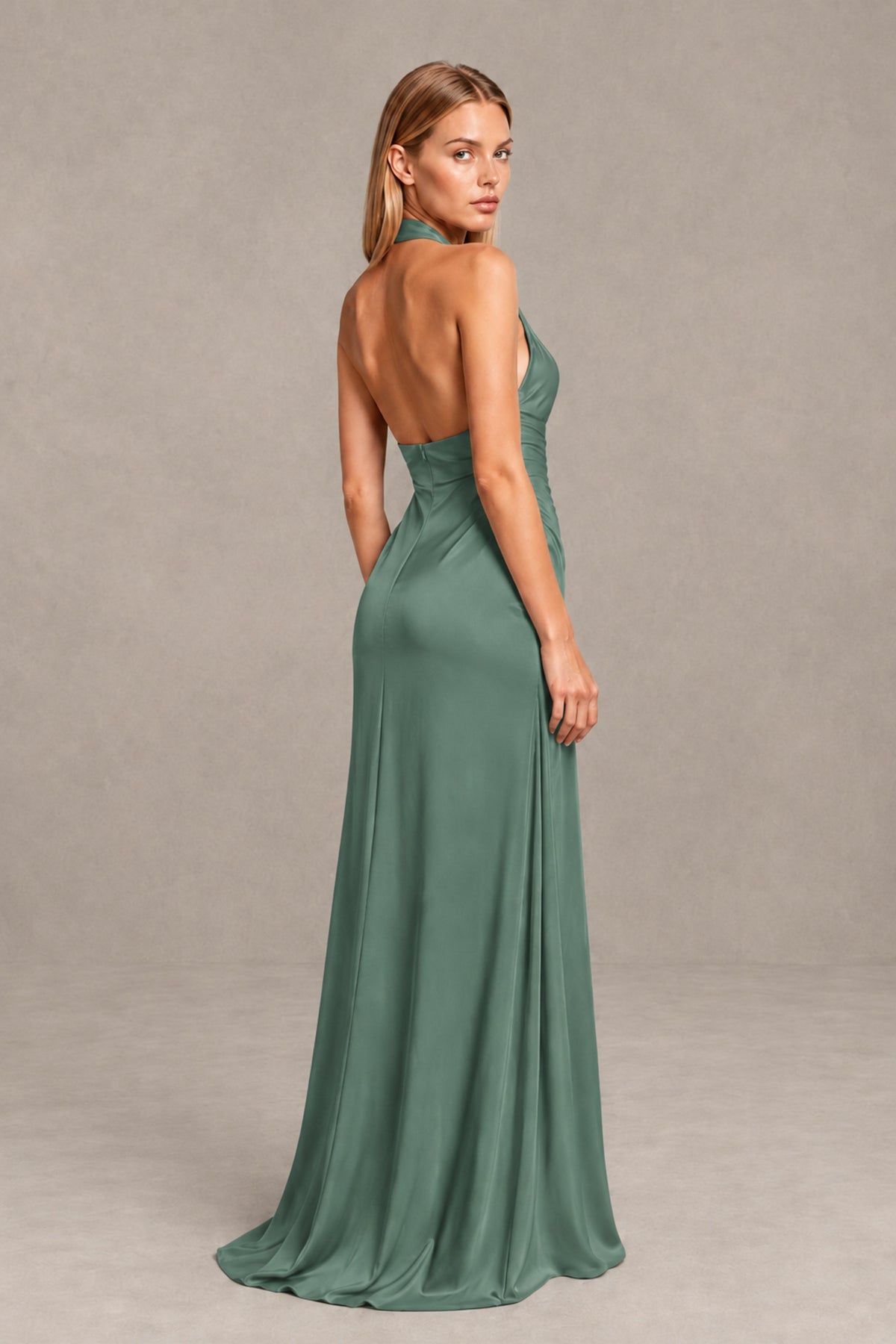 BOLODOO Eucalyptus Twisted Halter Neck Ruched Sleeveless Open Back Floor-Length Gown - Eucalyptus - Eucalyptus_2