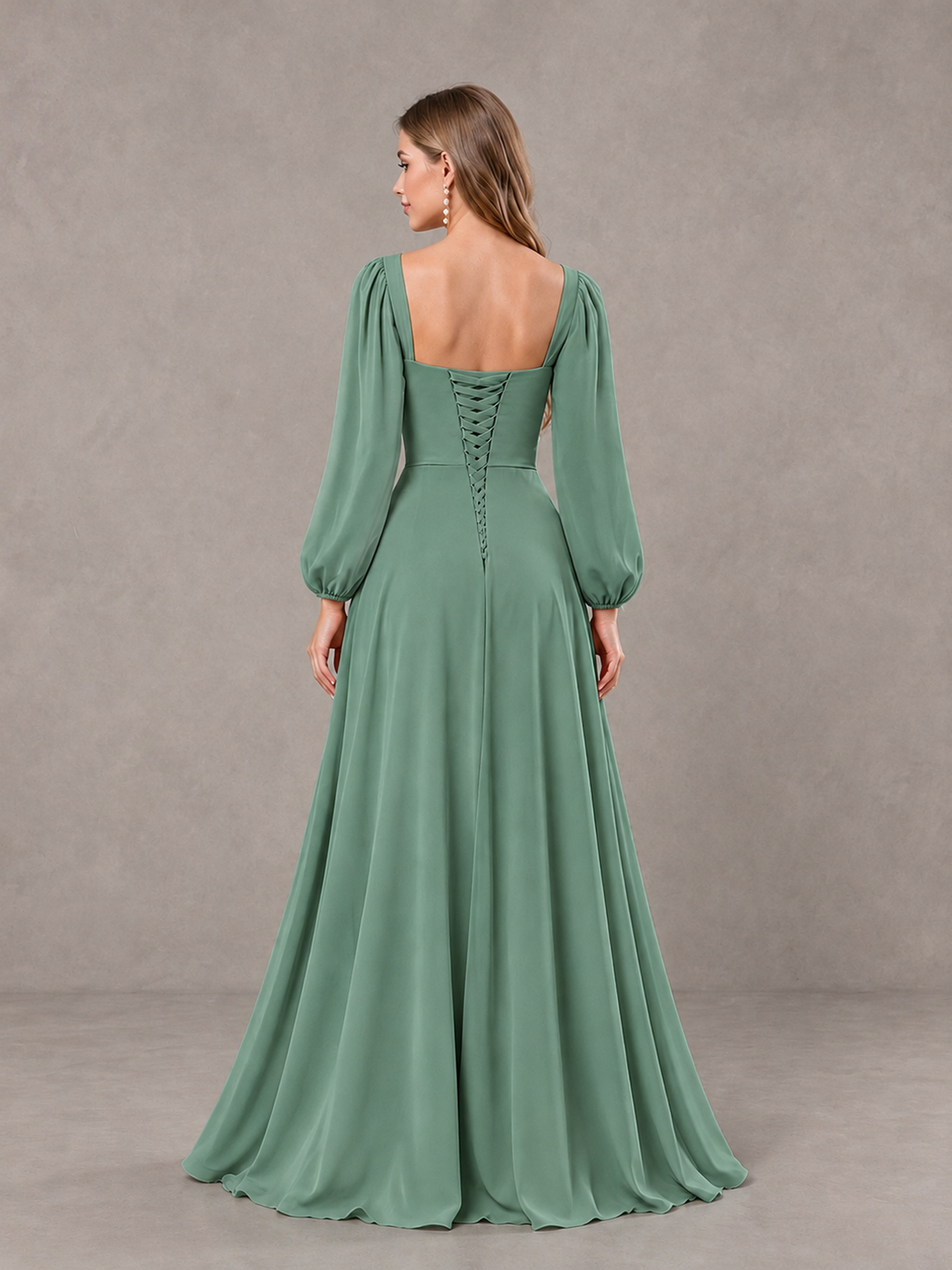 BOLODOO Eucalyptus Square Neck Long Sleeve Bridesmaid Dress with Ruffle Slit - Eucalyptus - Eucalyptus_2