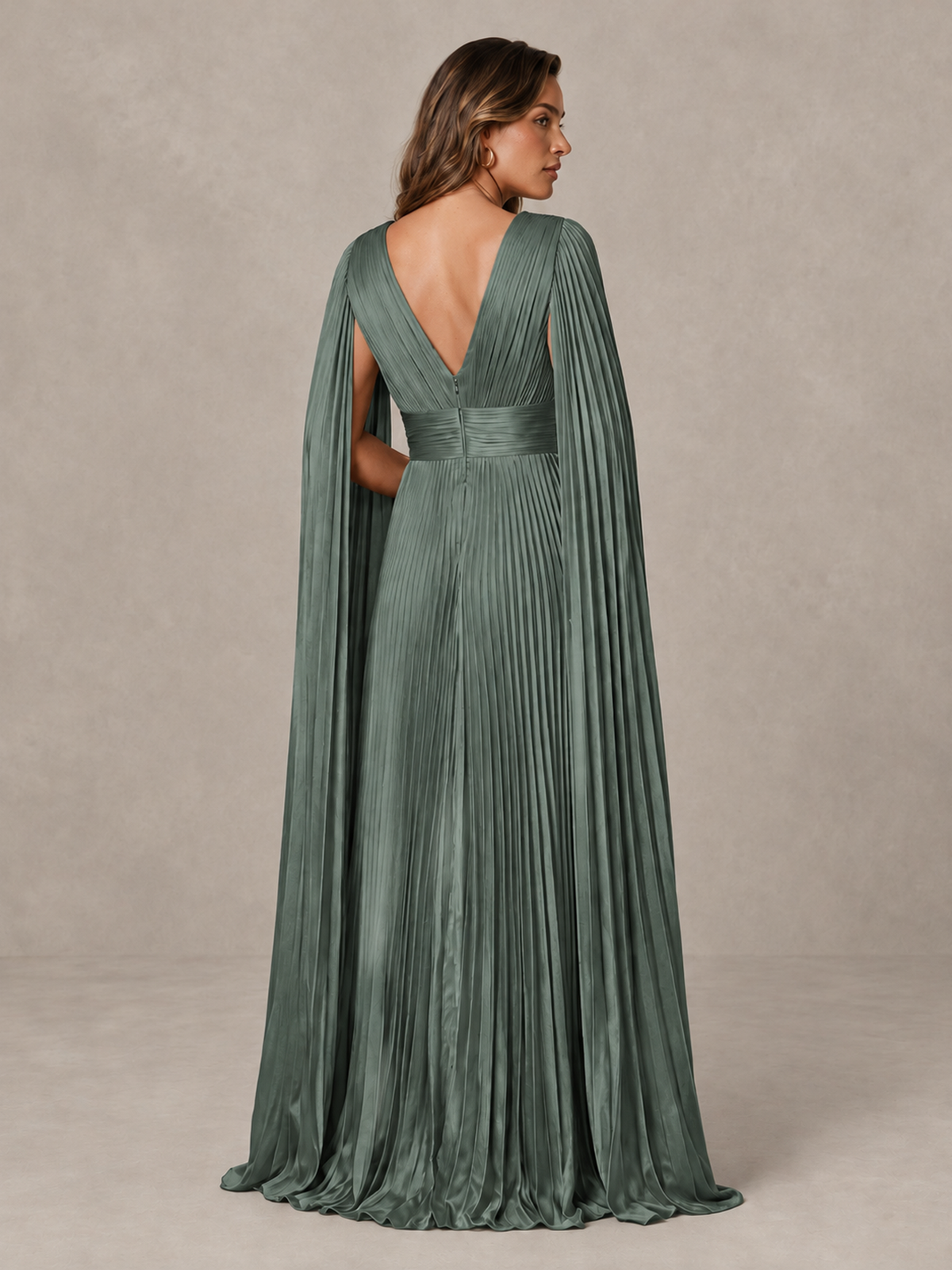 BOLODOO Eucalyptus Deep V-Neck Pleated Cape Sleeve Evening Gown - Eucalyptus - Eucalyptus_2