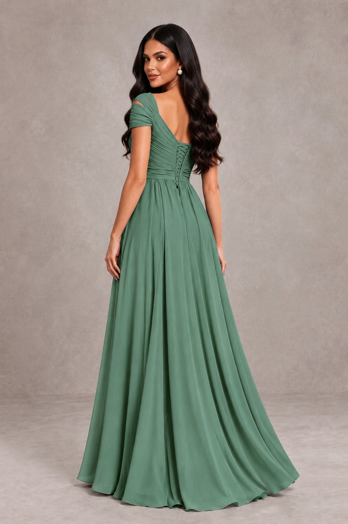 BOLODOO Eucalyptus Cold Shoulder Chiffon Evening Dress with V Neck and High Slit - Eucalyptus - Eucalyptus_2