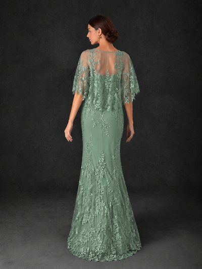 BOLODOO Mocha Rose Botanical Lace Flutter Sleeve Mermaid Gown - Eucalyptus - Eucalyptus