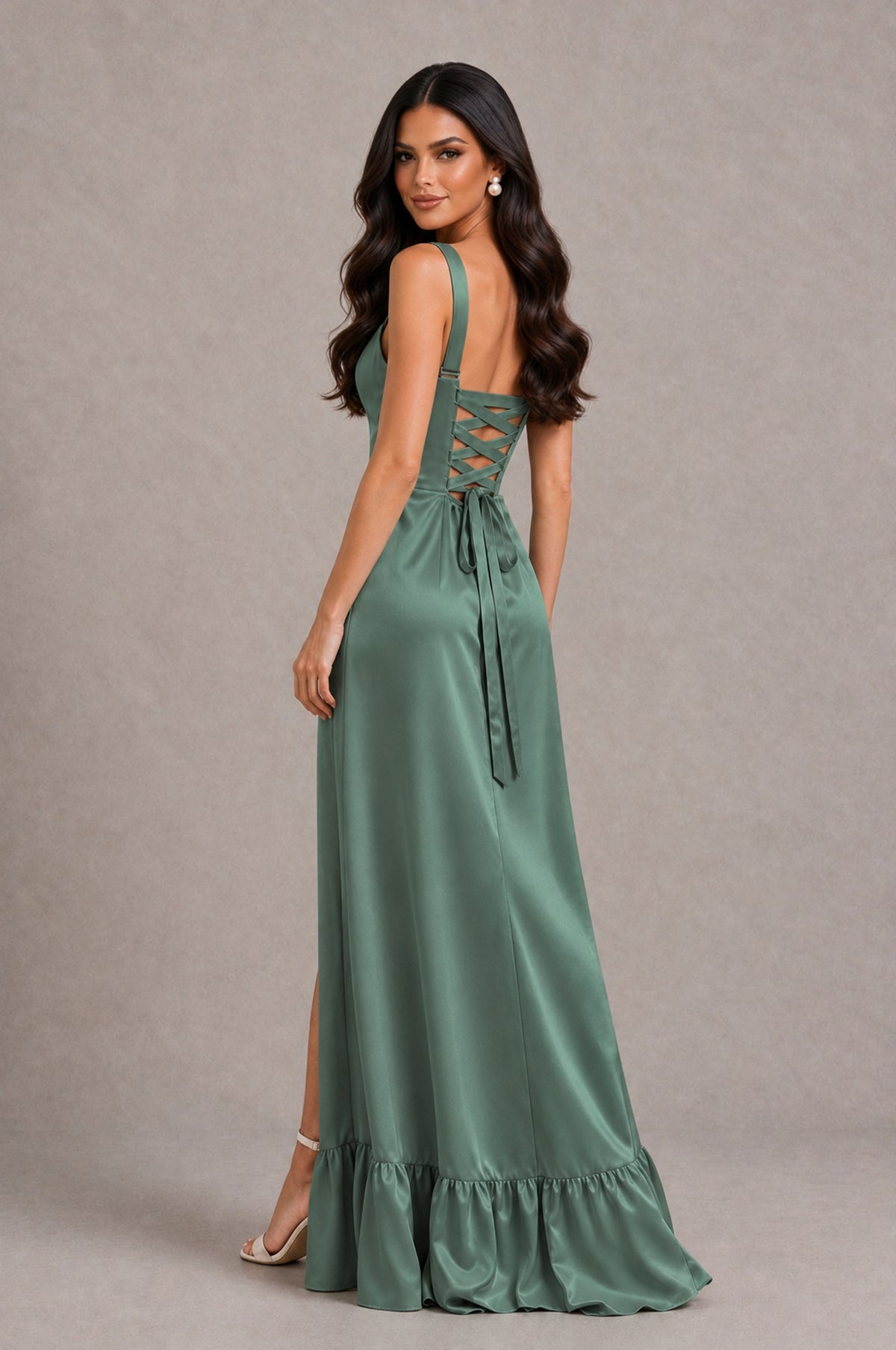 BOLODOO Eucalyptus Square Neck Satin Evening Dress with Lace-Up Back and High Slit - Eucalyptus - Eucalyptus_2