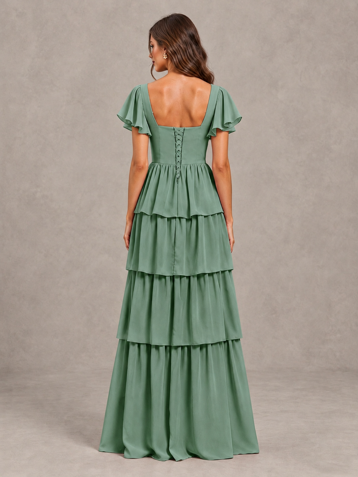 BOLODOO Eucalyptus Flutter Sleeve Tiered Maxi Bridesmaid Dress - Eucalyptus - Eucalyptus_2