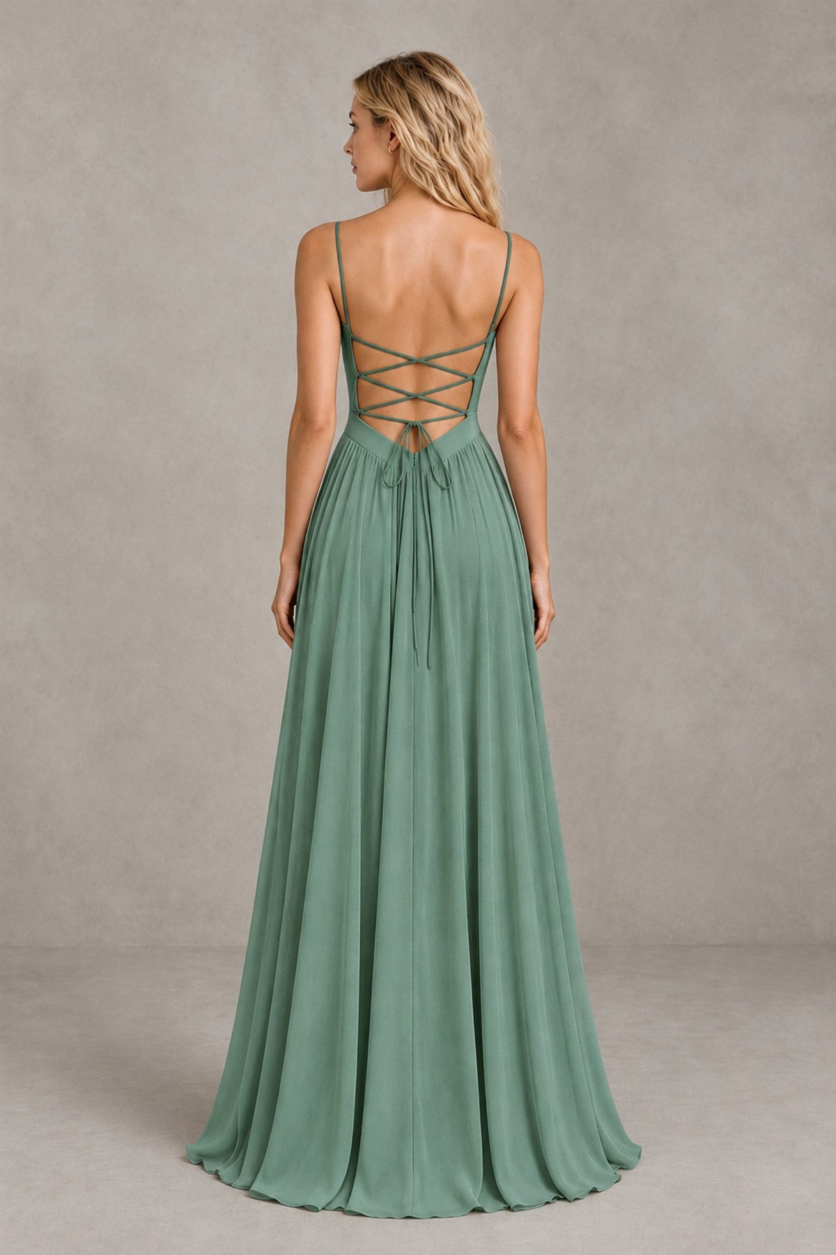 BOLODOO Eucalyptus Spaghetti Strap A-Line Bridesmaid Dress with Slit - Eucalyptus - Eucalyptus_2