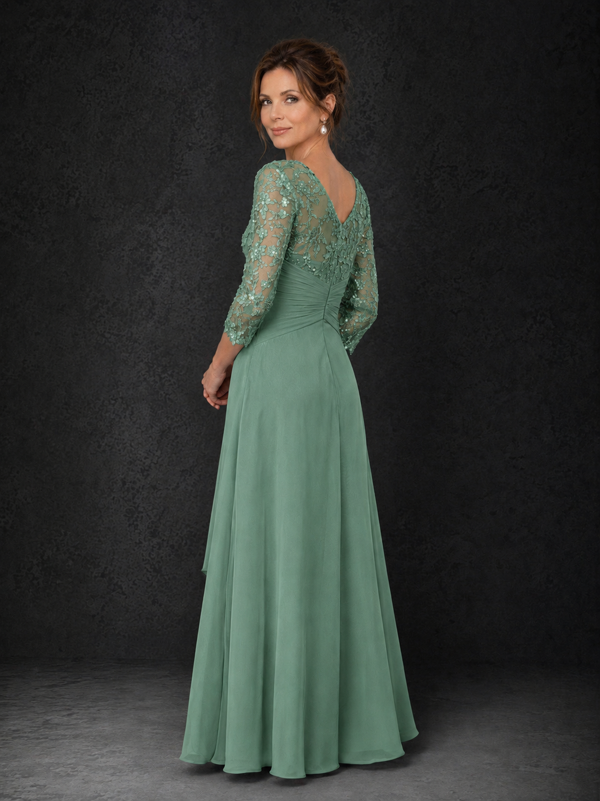 BOLODOO Eucalyptus Sequin Lace & Chiffon Tea-Length Mother of the Bride Dress with 3/4 Sleeves - Eucalyptus