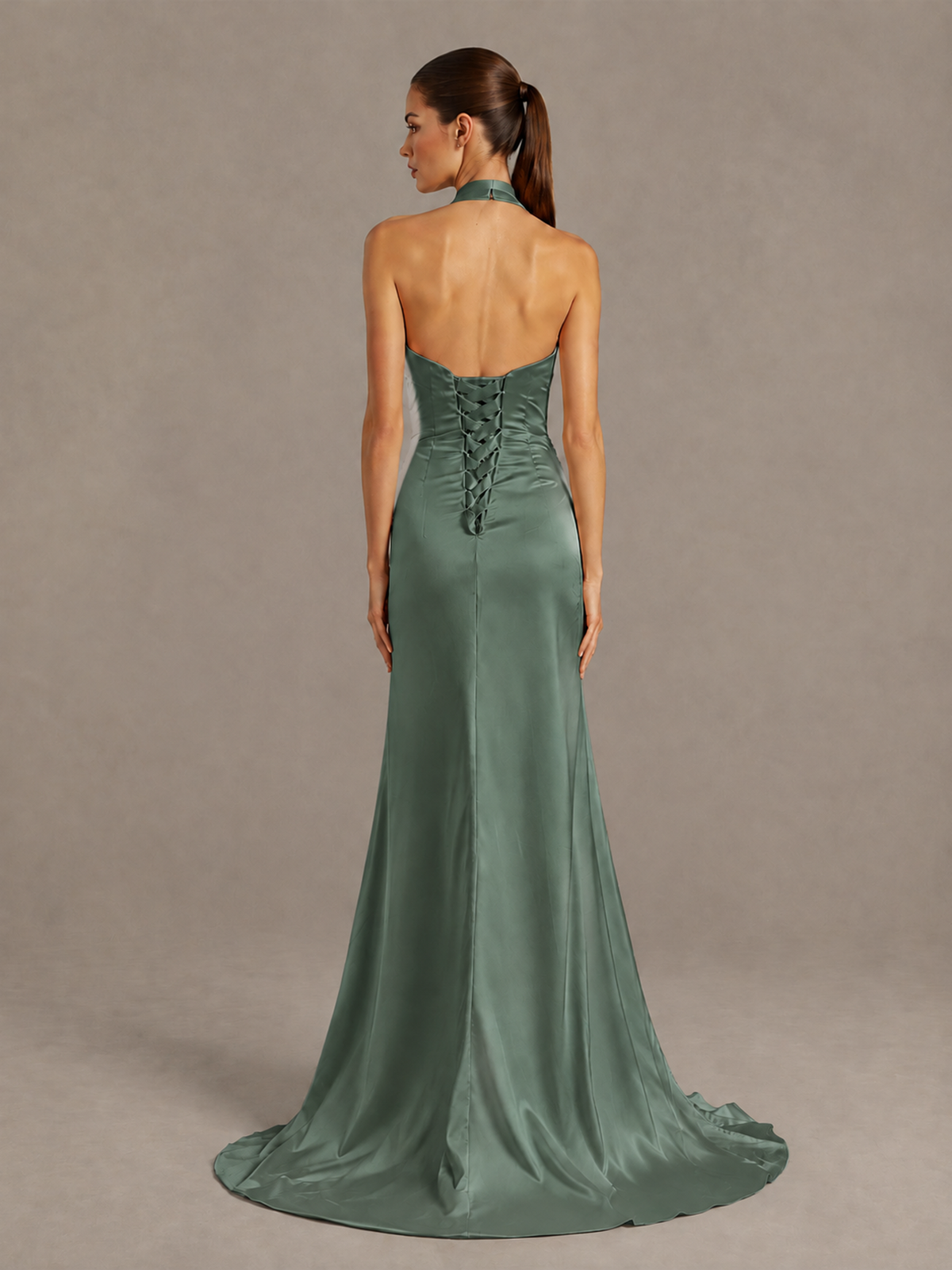 BOLODOO Eucalyptus Halter Satin Evening & Prom Dress with High Slit - Eucalyptus - Eucalyptus_2