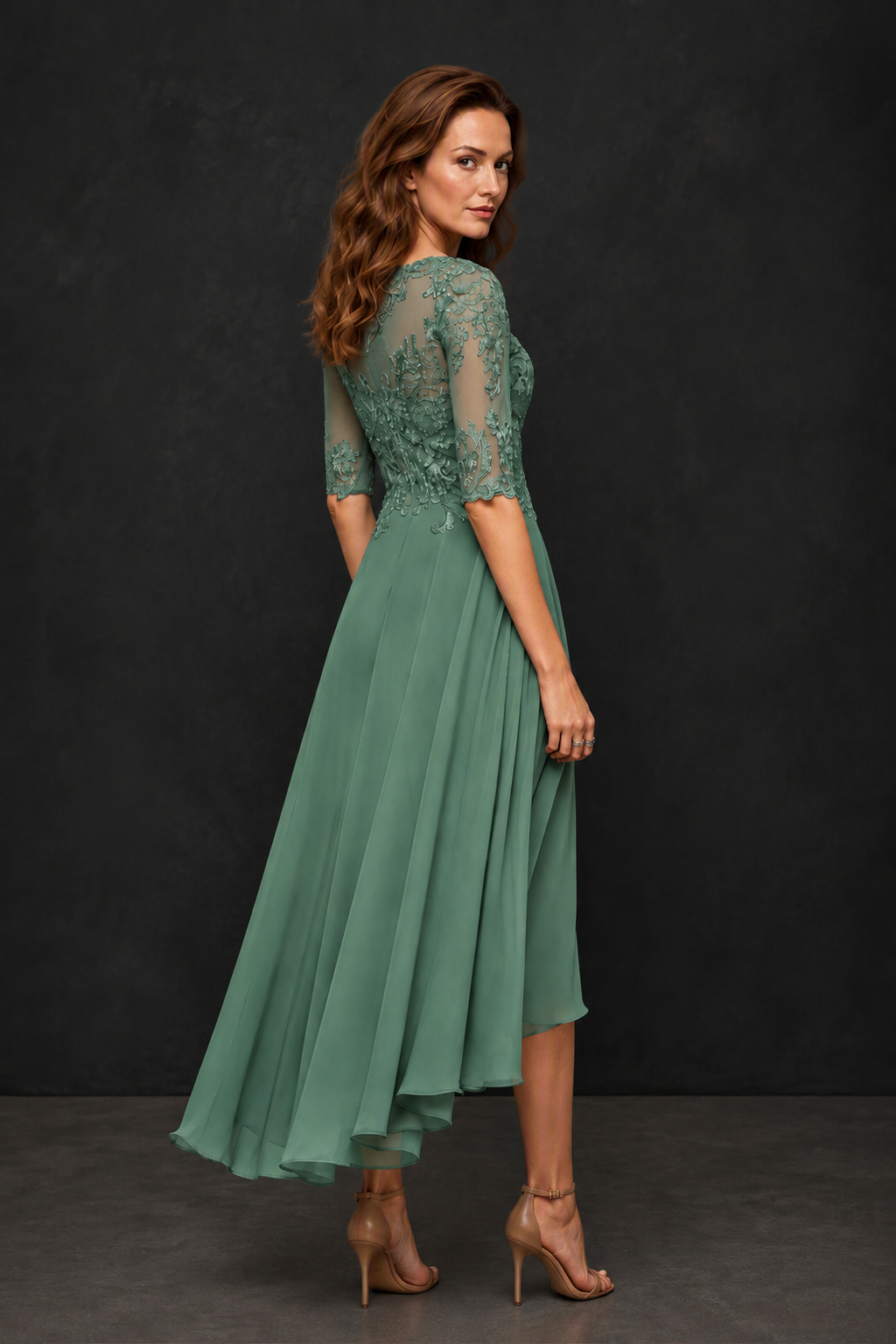 BOLODOO Eucalyptus Illusion Lace 3/4 Sleeve Hi-Lo Chiffon A-Line Dress | Mother of the Bride Tea Length Dress - Eucalyptus