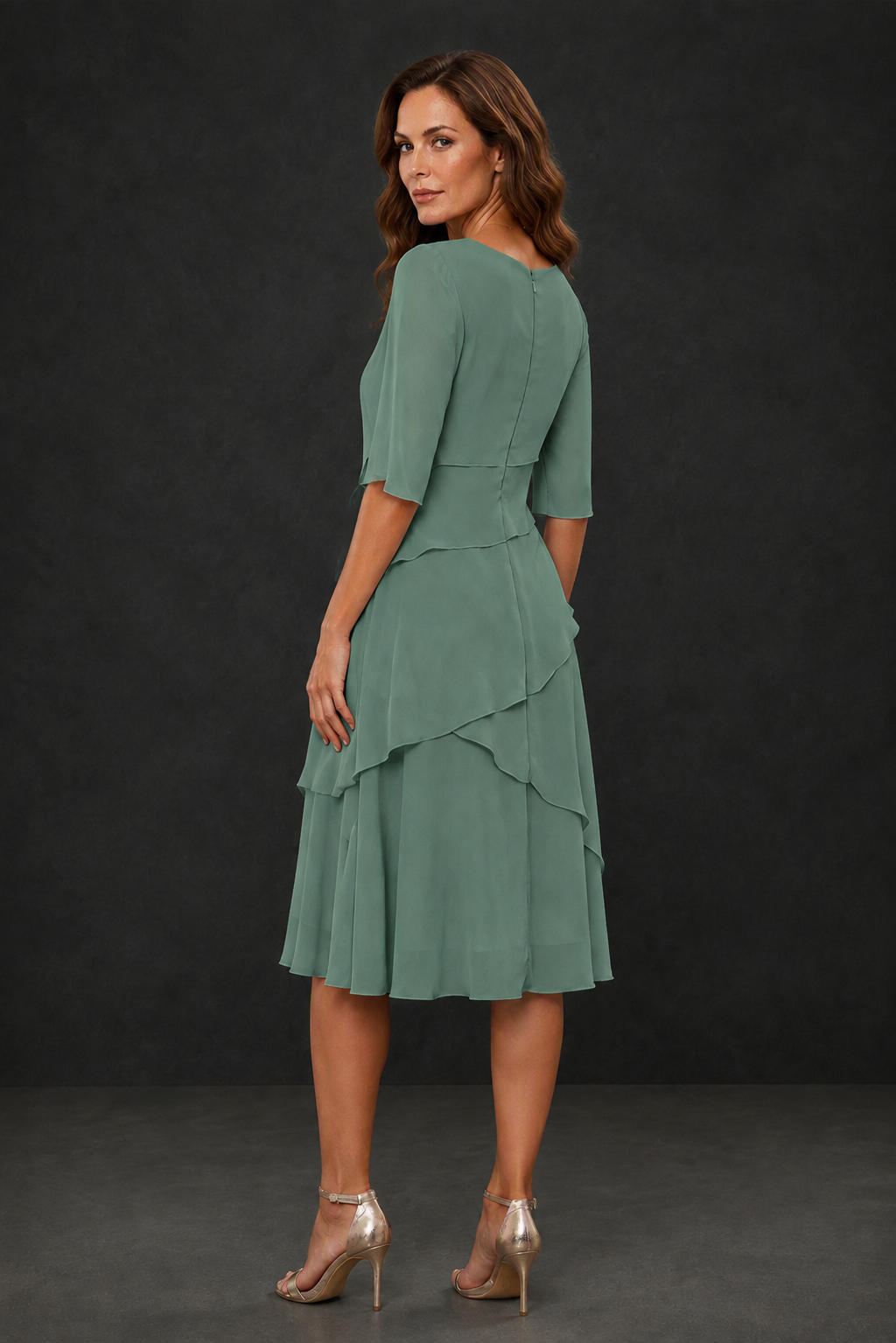 BOLODOO Eucalyptus Chiffon 3/4 Sleeve Asymmetric Tiered Tea Length Dress | Mother of the Bride Midi Dress - Eucalyptus