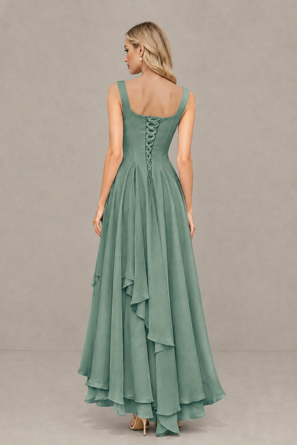 BOLODOO Eucalyptus Square Neck Chiffon Bridesmaid Dress with Lace-Up Back - Eucalyptus