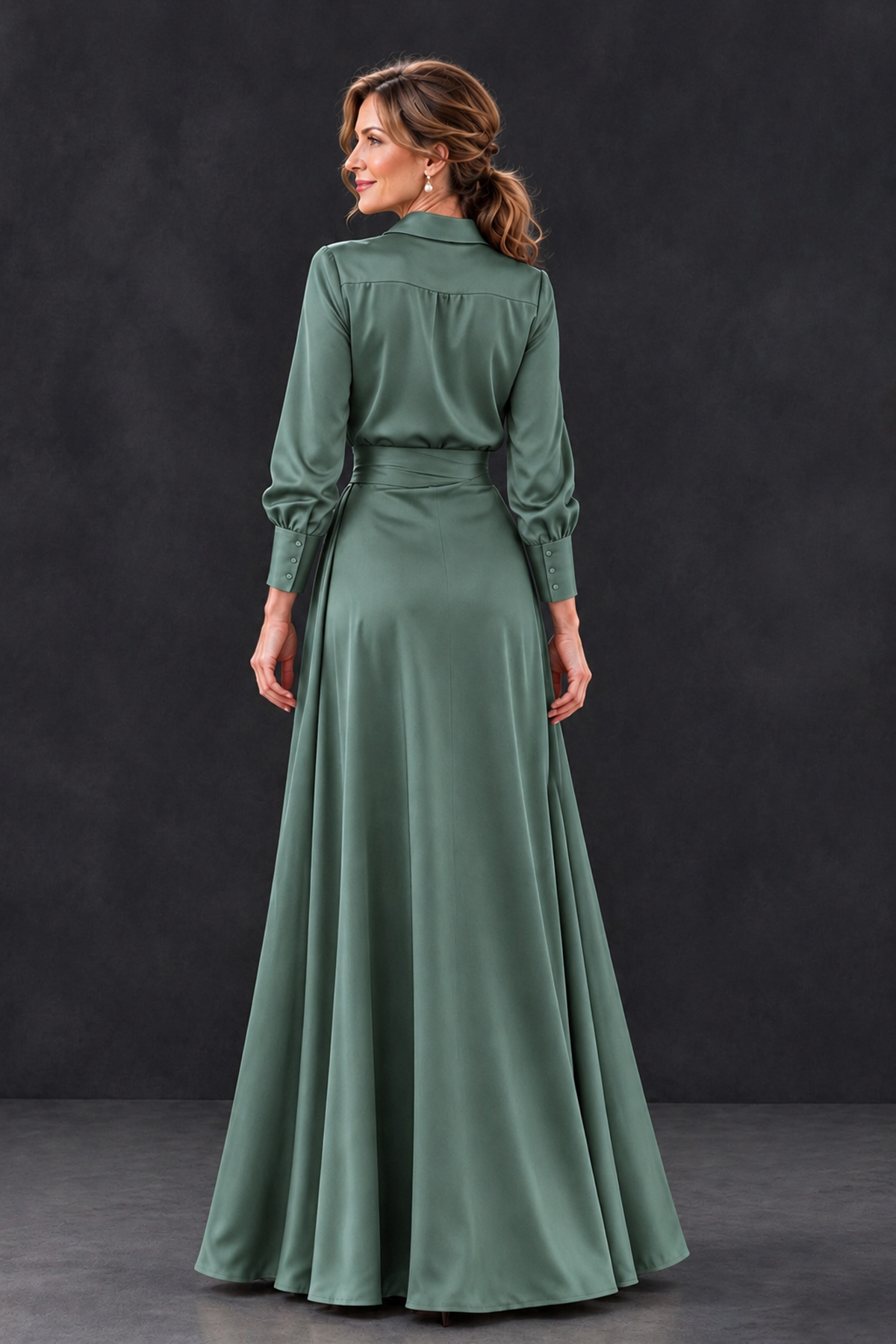 BOLODOO Eucalyptus Long Sleeve Satin-Look Lace Panel Gown - Eucalyptus - Eucalyptus_2