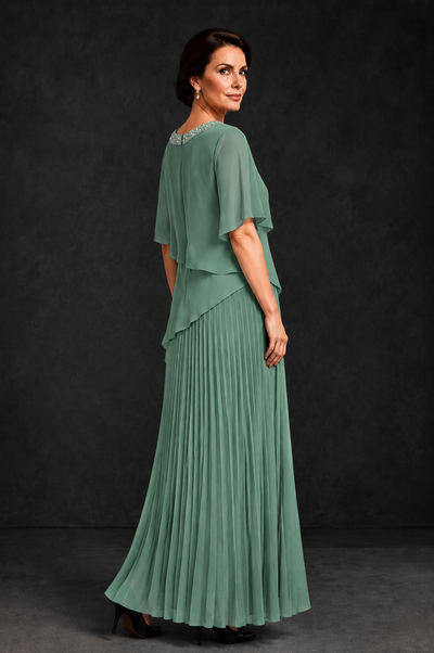 BOLODOO Eucalyptus Pearl Beaded Neck Asymmetric Tiered Flutter Sleeve Pleated Chiffon Maxi Dress - Eucalyptus - Eucalyptus_2