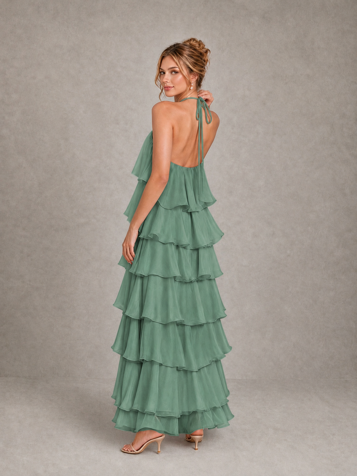BOLODOO Eucalyptus Halter Tiered Ruffle Maxi Bridesmaid Dress - Eucalyptus - Eucalyptus_2