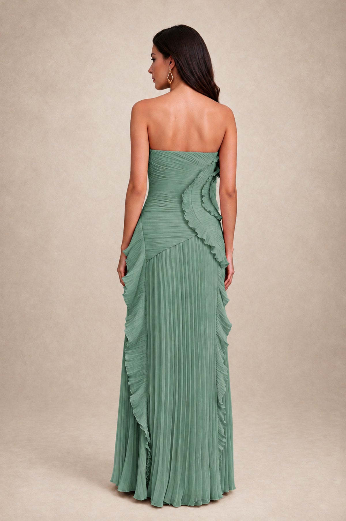 BOLODOO Eucalyptus Strapless Ruffle Pleated Slit Evening Gown - Eucalyptus - Eucalyptus_2