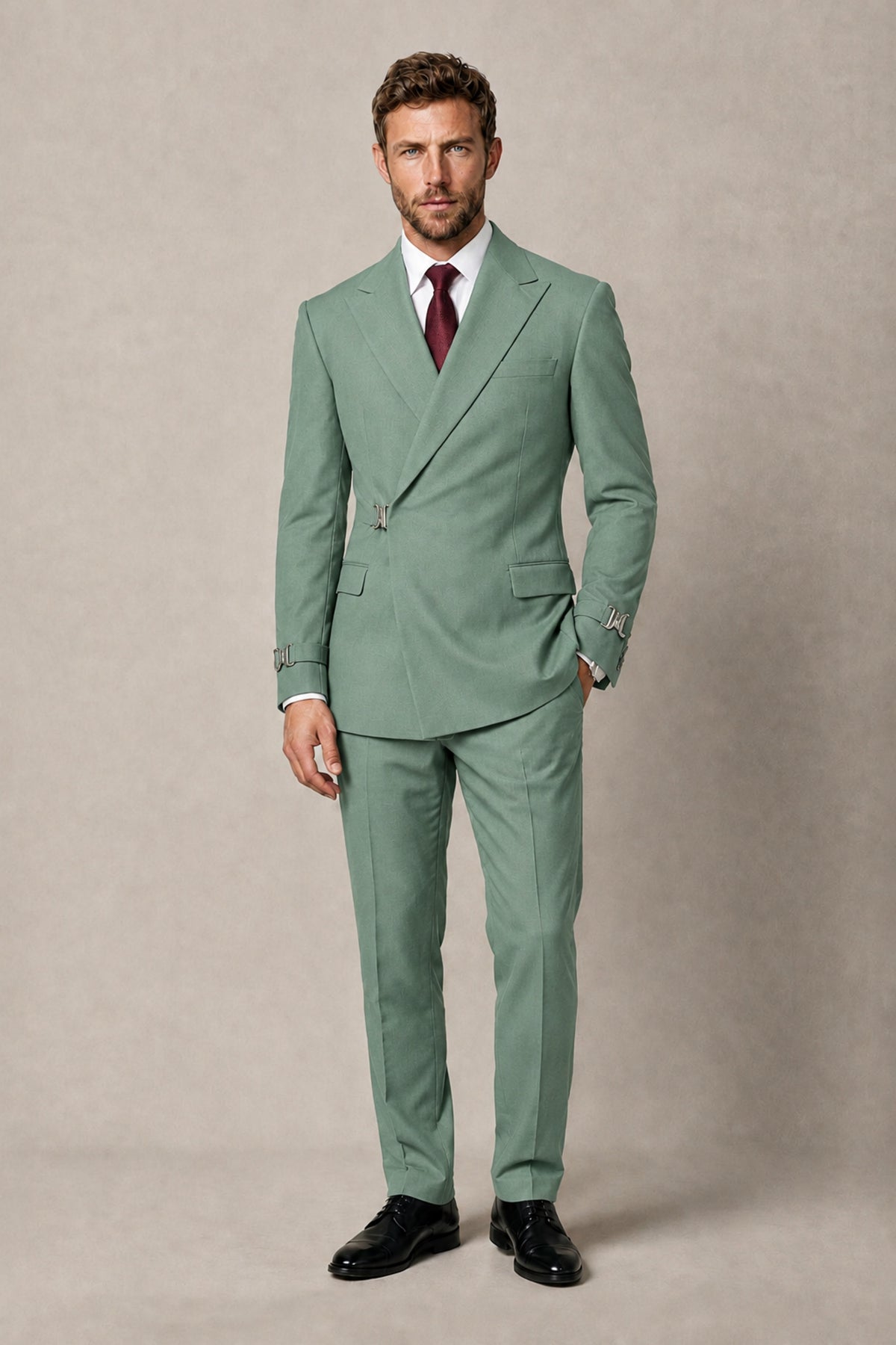BOLODOO Men's Eucalyptus Double-Breasted 2-Piece Suit Set – Blazer & Tailored Trousers - Eucalyptus