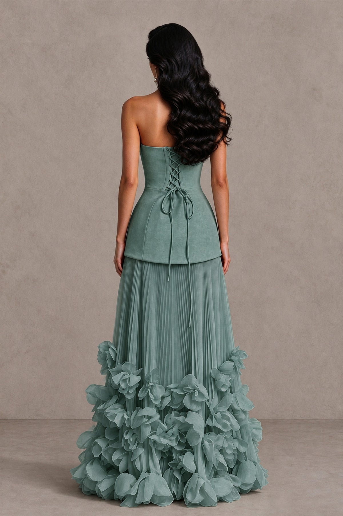 BOLODOO Eucalyptus Strapless Pleated Floral Hem Evening Gown - Eucalyptus - Eucalyptus_2