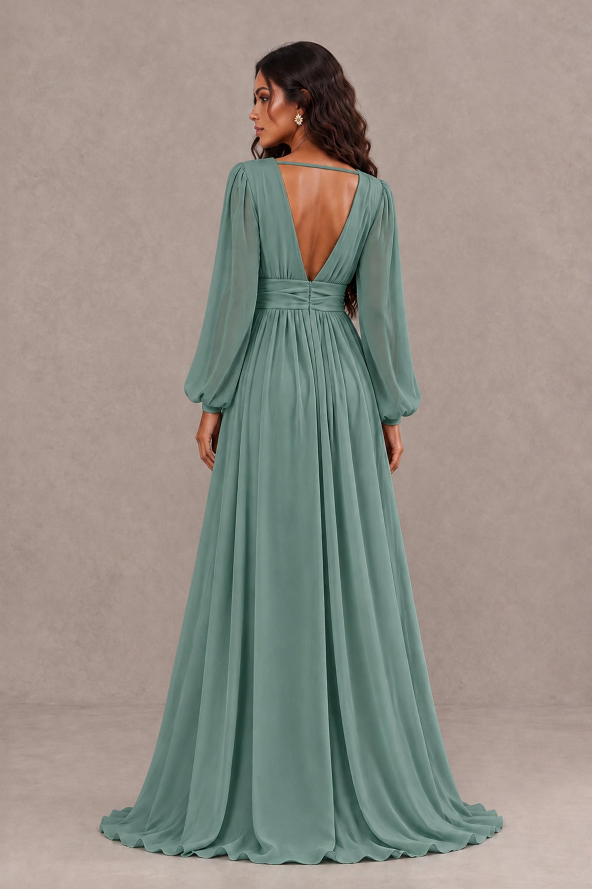 BOLODOO Eucalyptus Long Sleeve V-Neck A-Line Gown with Open Back & Slit - Eucalyptus - Eucalyptus_2