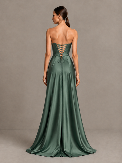 BOLODOO Eucalyptus Strapless Satin High-Slit Lace-Up Prom Dress - Eucalyptus - Eucalyptus_2