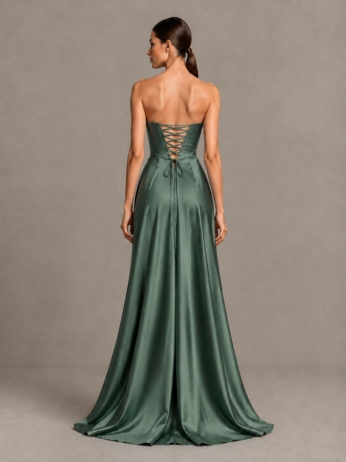 BOLODOO Eucalyptus Strapless Satin High-Slit Lace-Up Prom Dress - Eucalyptus - Eucalyptus_2