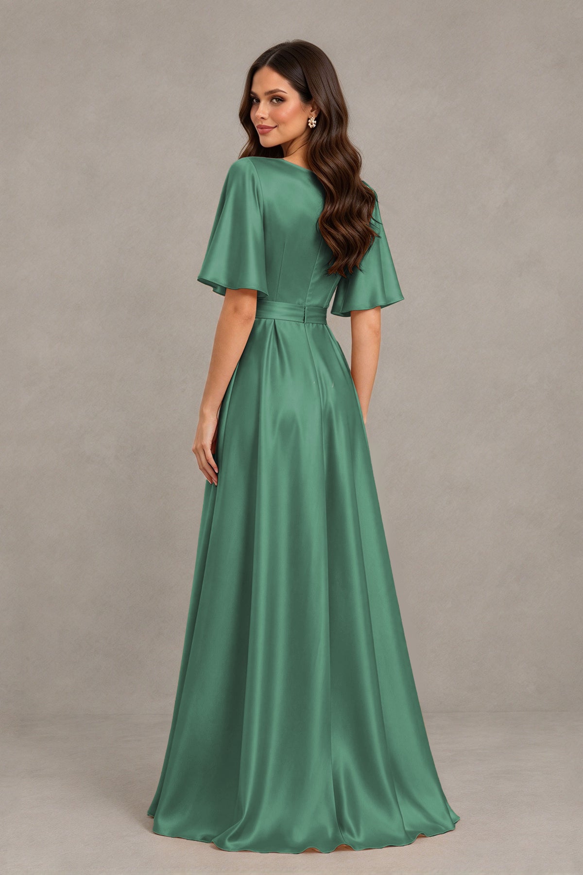 BOLODOO Eucalyptus Satin V-Neck Flutter Sleeve Bridesmaid Dress with Slit - Eucalyptus - Eucalyptus(2)