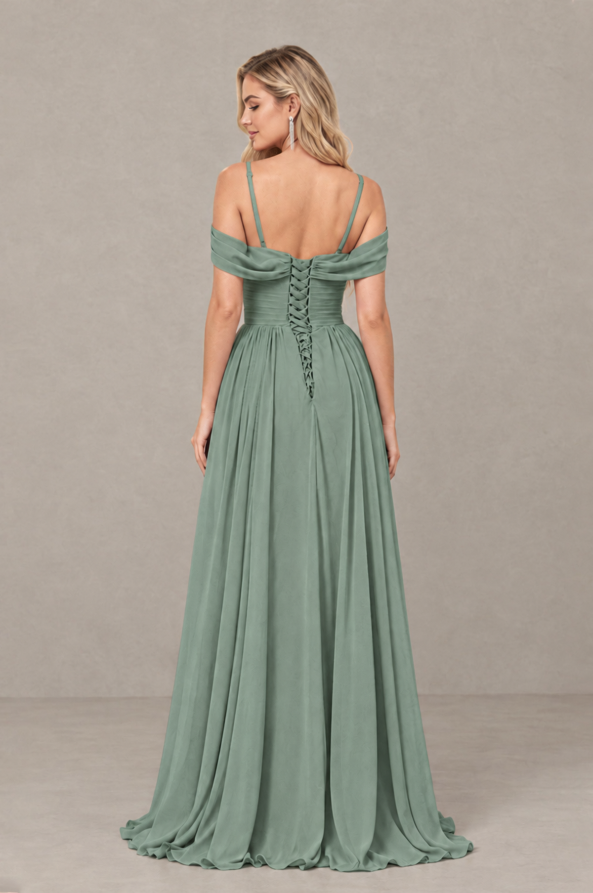 BOLODOO Eucalyptus Off-Shoulder Bridesmaid Dress with Slit - Eucalyptus
