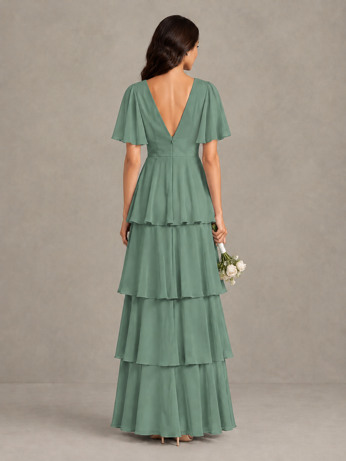 BOLODOO Eucalyptus Tiered Flutter Sleeve Bridesmaid Dress - Eucalyptus - Eucalyptus_2