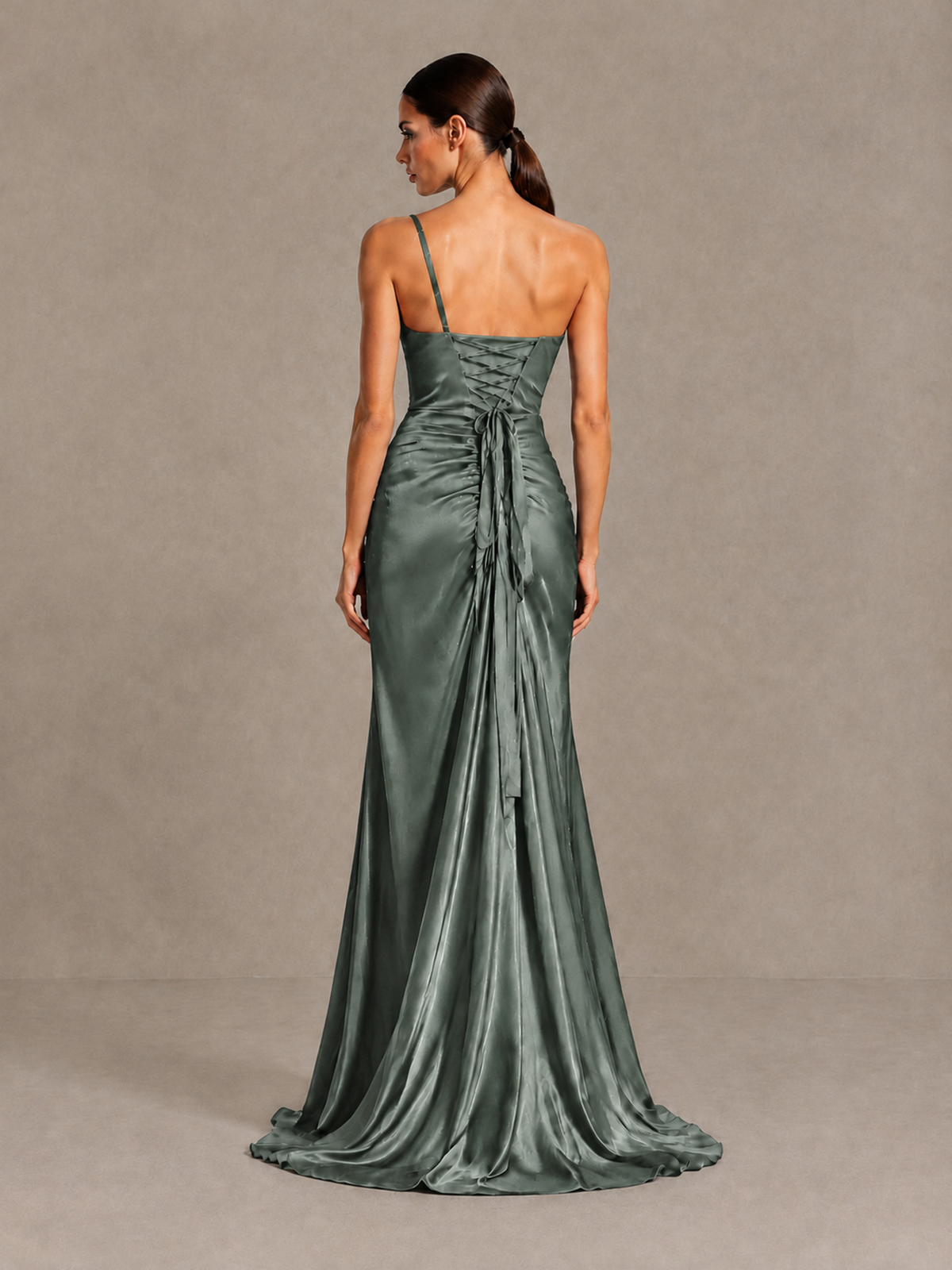 BOLODOO Eucalyptus One Shoulder Satin Evening Gown with High Slit and Sweep Train - Eucalyptus - Eucalyptus_2
