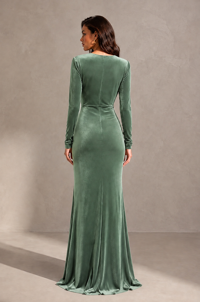 BOLODOO Eucalyptus Velvet Long Sleeve V-Neck Ruched Evening Gown - Eucalyptus
