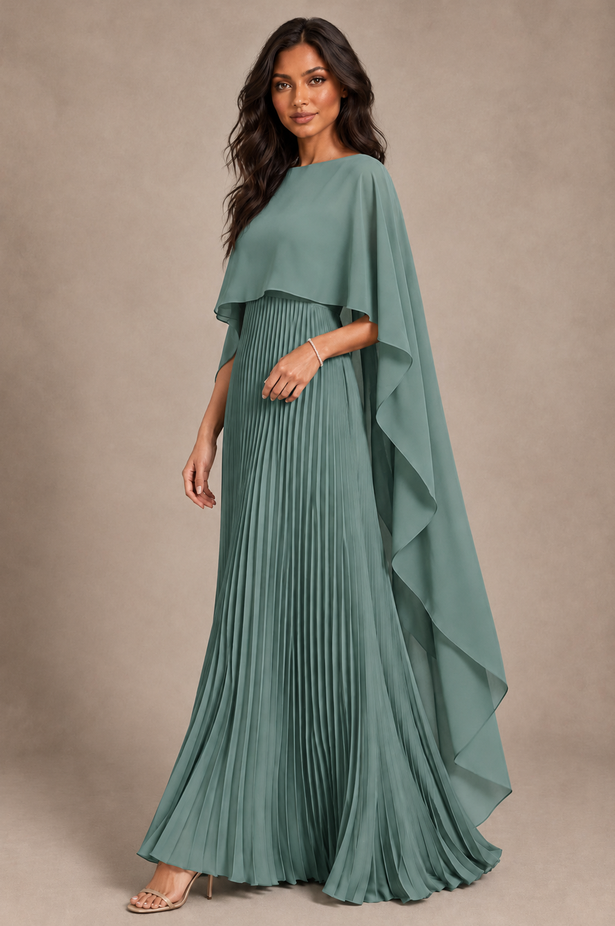 BOLODOO Eucalyptus Pleated Cape A-Line Evening Dress - Eucalyptus - Eucalyptus_2
