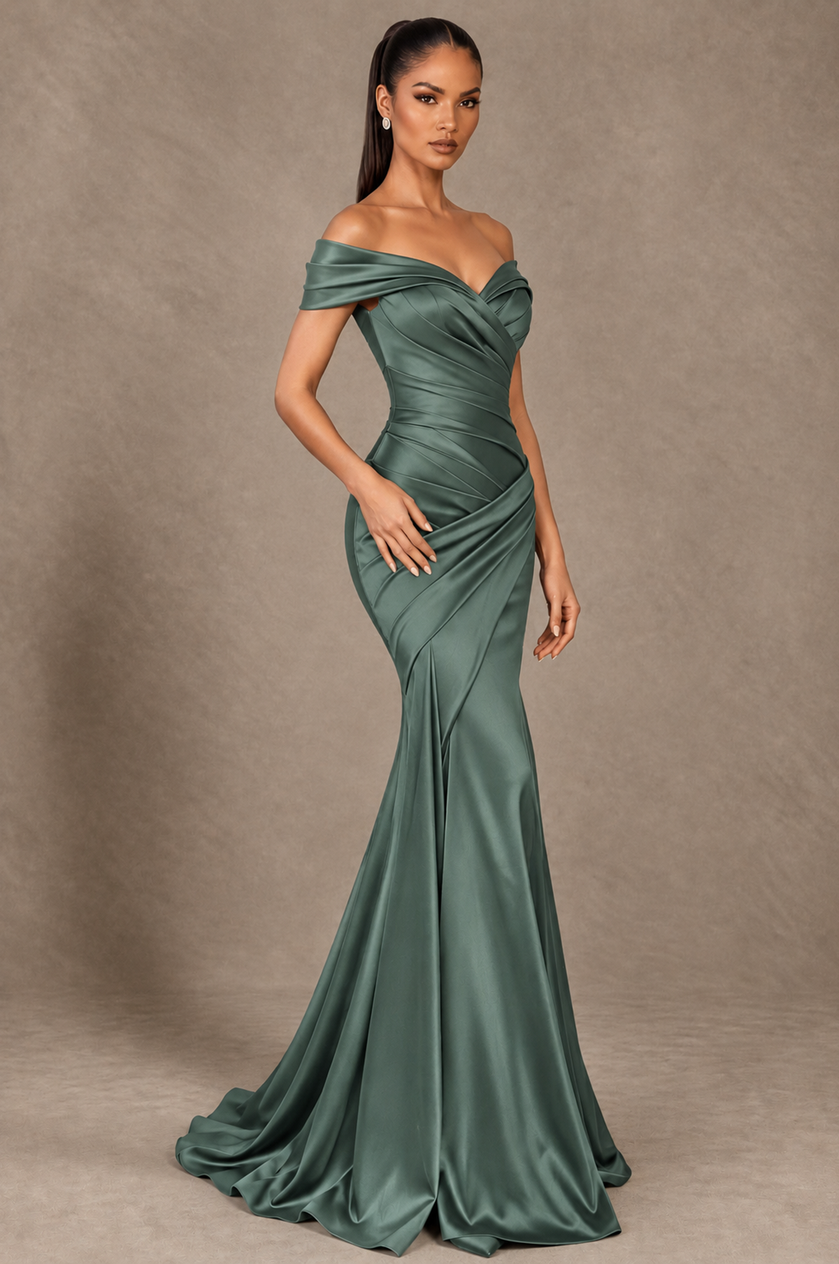 BOLODOO Eucalyptus Off-the-Shoulder Ruched Satin Mermaid Evening Dress - Eucalyptus - Eucalyptus_2