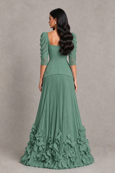 BOLODOO Eucalyptus Square Neck Pleated Floral Applique Evening Dress - Eucalyptus - Eucalyptus_2