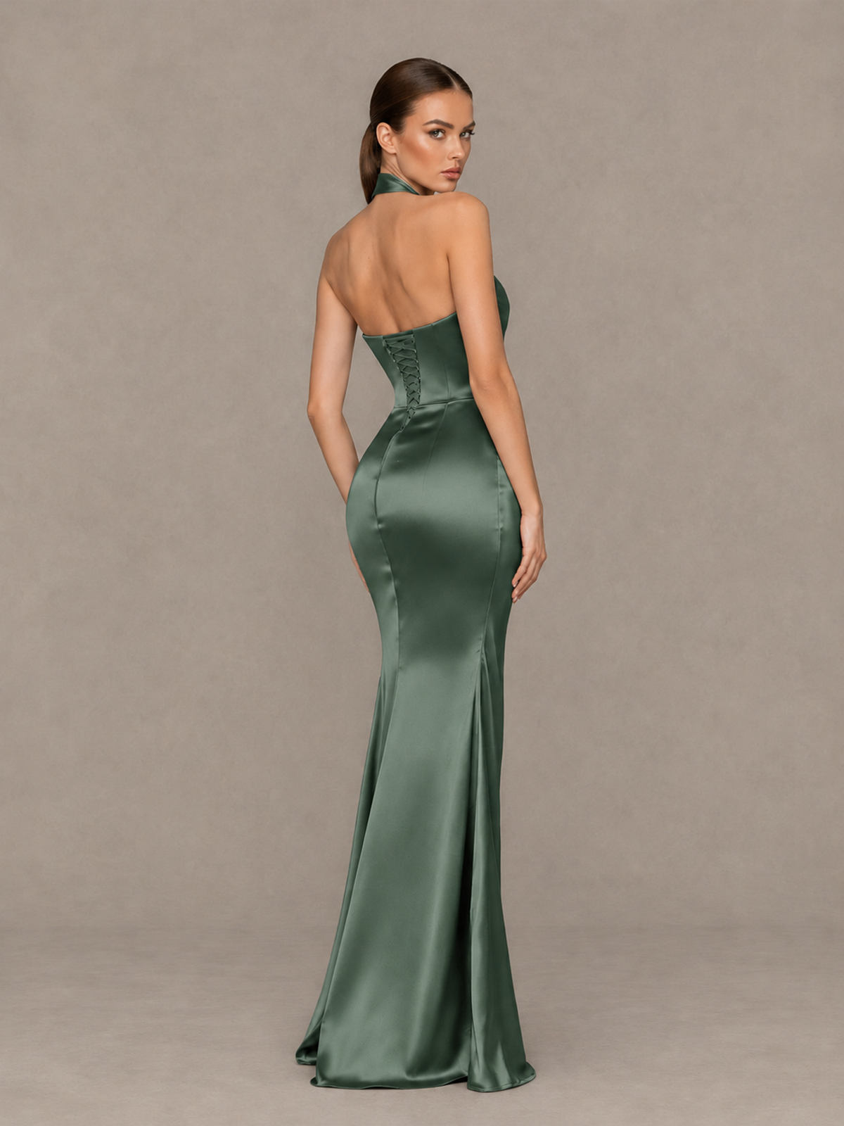BOLODOO Eucalyptus Cross-Halter Ruched Satin-Look Evening Gown with High Slit - Eucalyptus - Eucalyptus_2