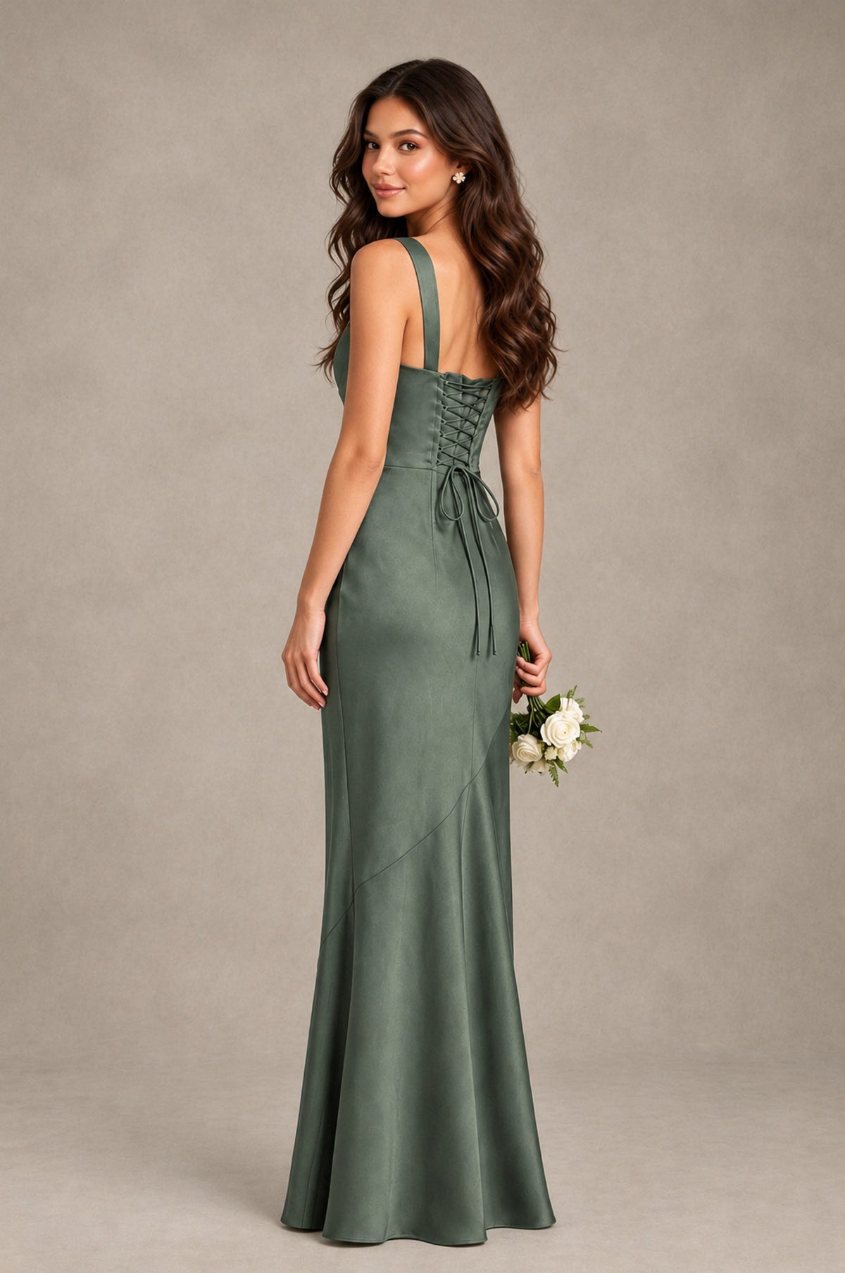 BOLODOO Eucalyptus Square Neck Ruched Satin Lace-Up Bridesmaid Dress - Eucalyptus - Eucalyptus_2