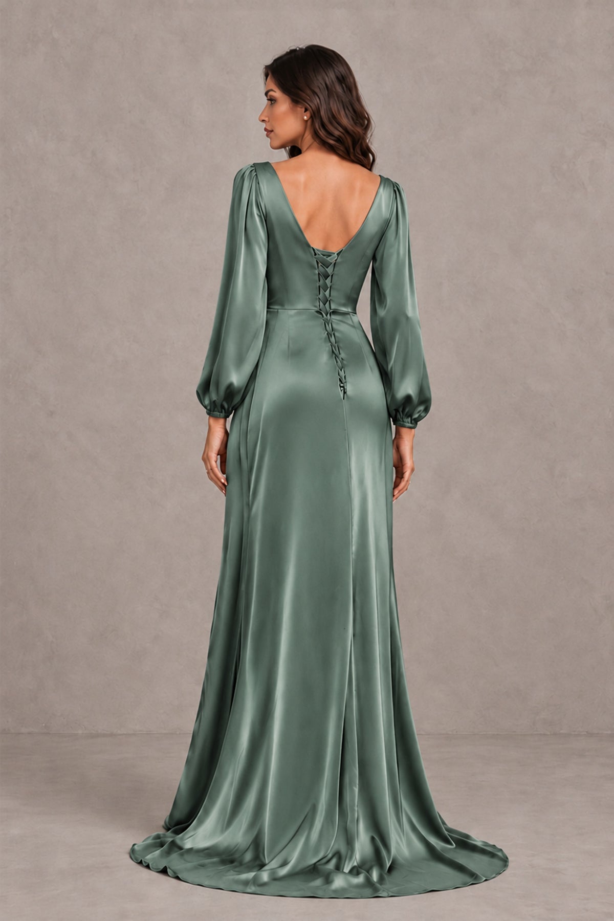 BOLODOO Eucalyptus Satin-Look Long Sleeve Evening Dress with High Slit - Eucalyptus - Eucalyptus_2