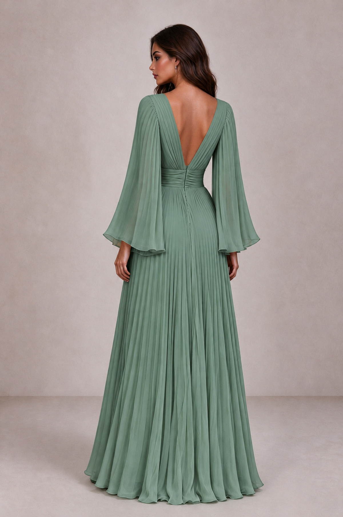 BOLODOO Eucalyptus Pleated Deep V-Neck Long Bell Sleeve Evening Dress - Eucalyptus - Eucalyptus_2