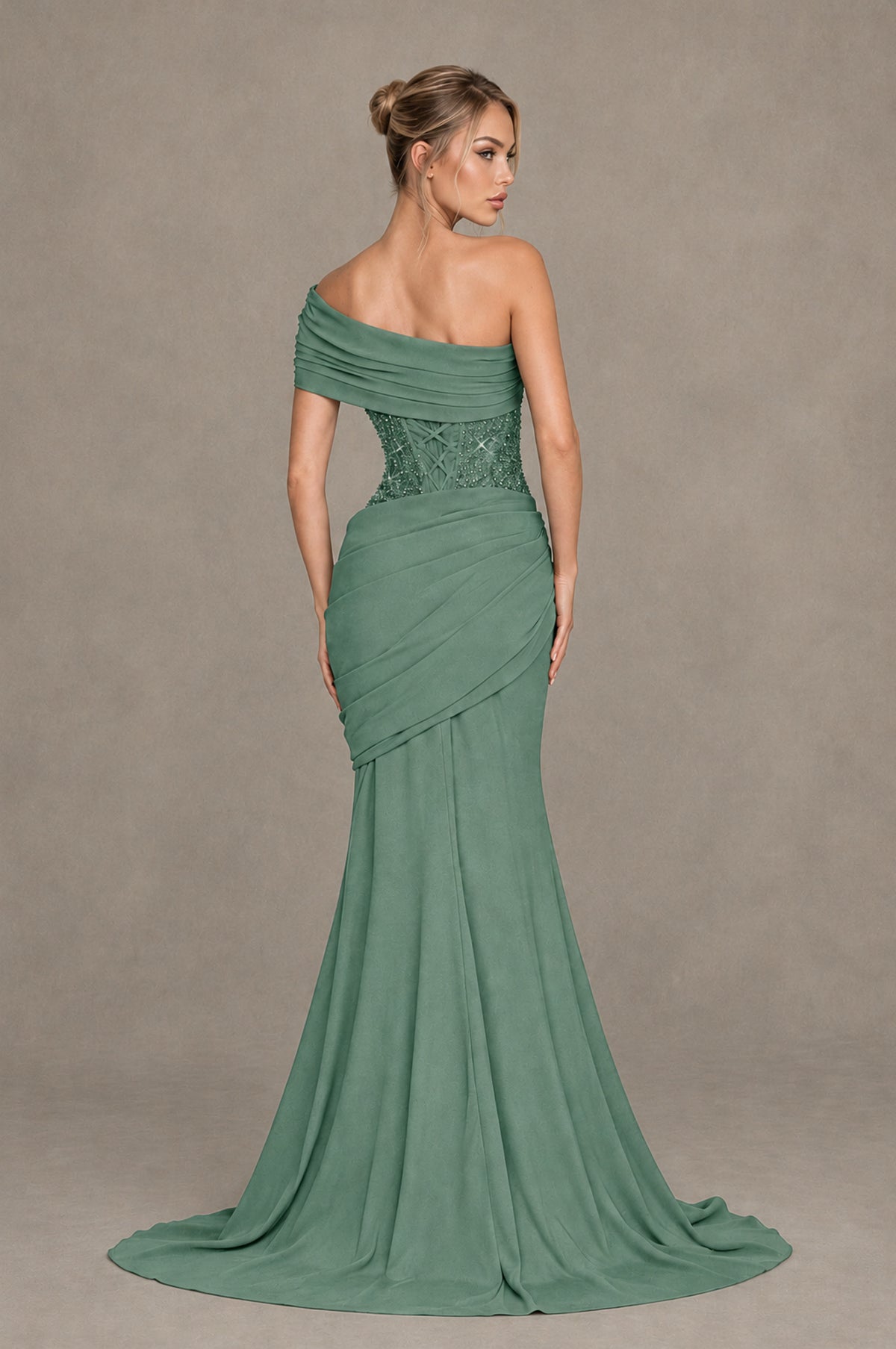 BOLODOO Eucalyptus One-Shoulder Sequin Embroidered Ruched Mermaid Gown with Train - Eucalyptus - Eucalyptus_2