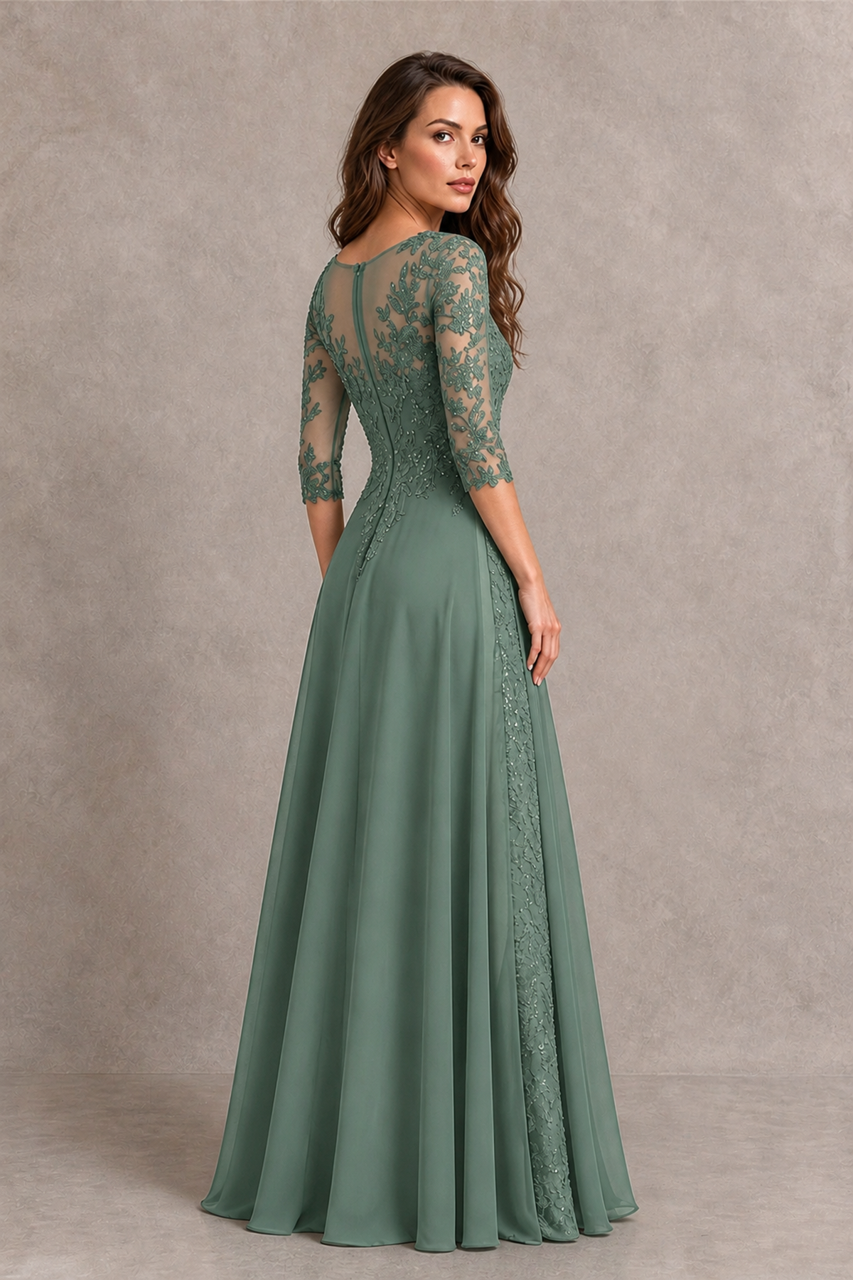 BOLODOO Midnight Eucalyptus Beaded Lace Appliqué Chiffon A-Line Gown | Mother of the Bride & Formal Evening Dress - Eucalyptus - Eucalyptus_2