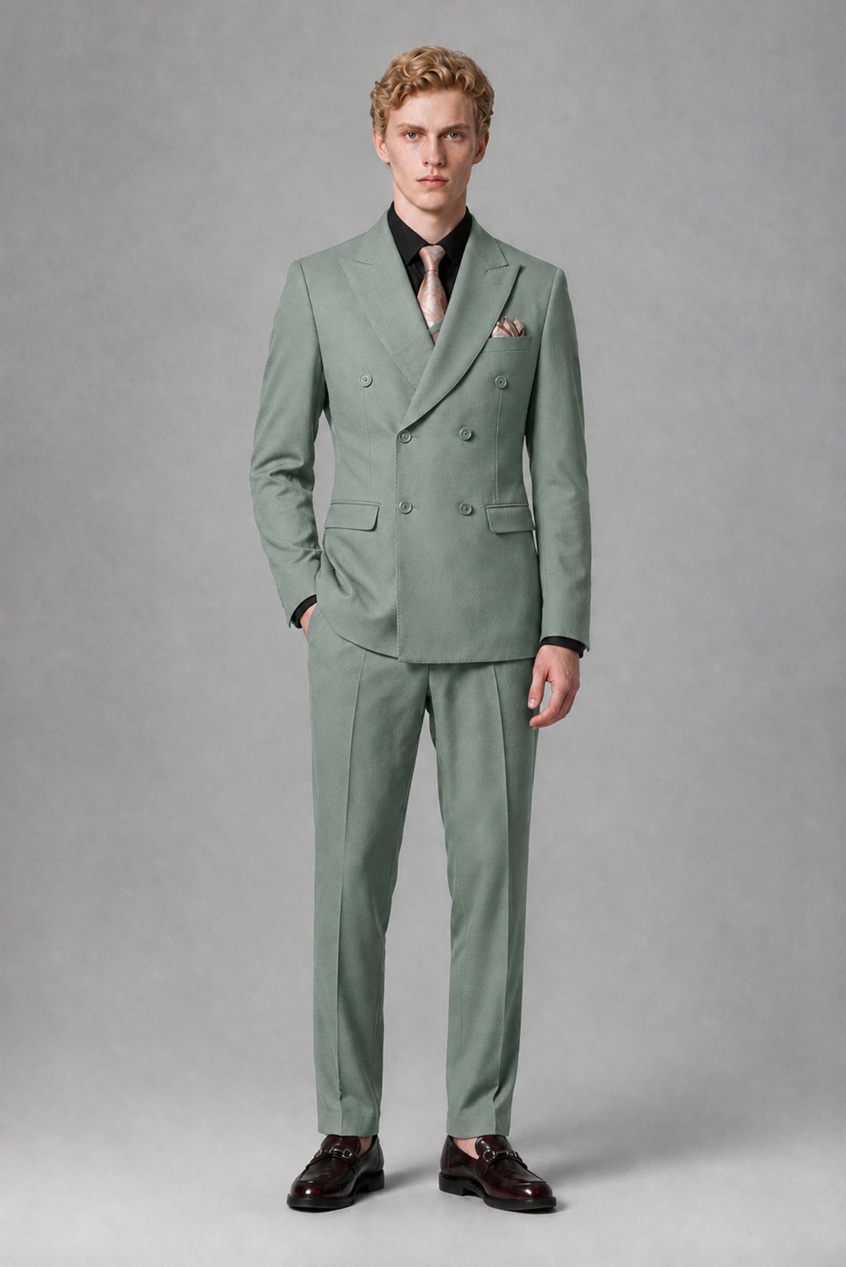 BOLODOO Men's Eucalyptus Double-Breasted Two-Piece Suit – Jacket & Trousers - Eucalyptus