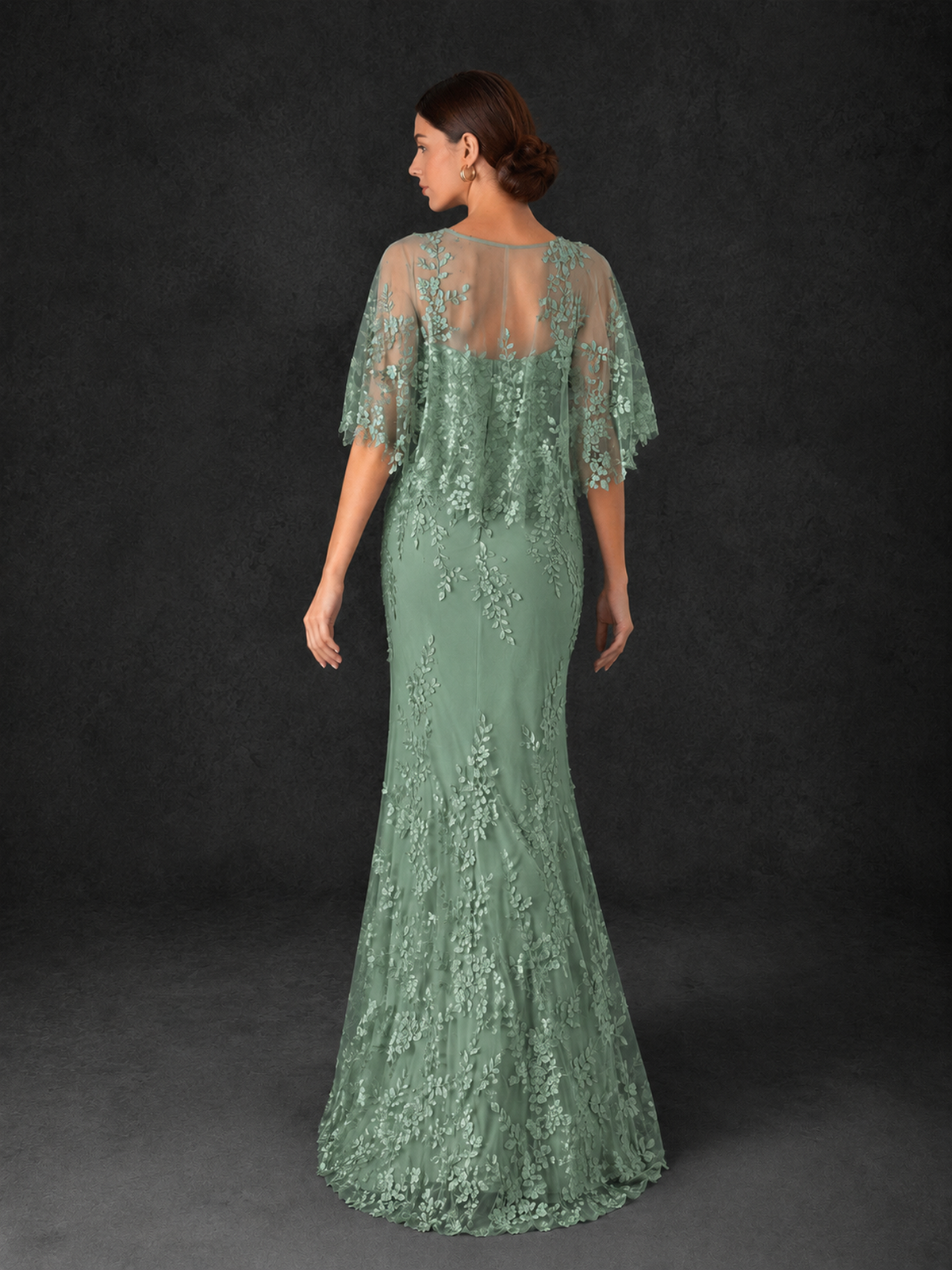 BOLODOO Mocha Eucalyptus Botanical Lace Flutter Sleeve Mermaid Gown - Eucalyptus