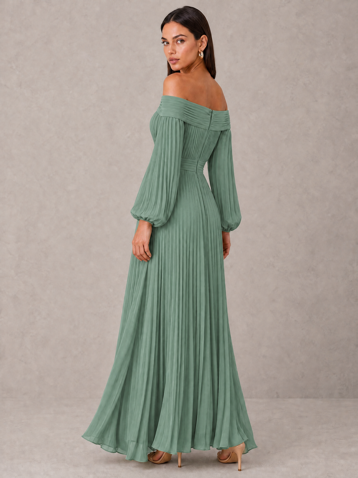 BOLODOO Eucalyptus Off-Shoulder Long Sleeve Pleated High-Low Dress - Eucalyptus - Eucalyptus_2