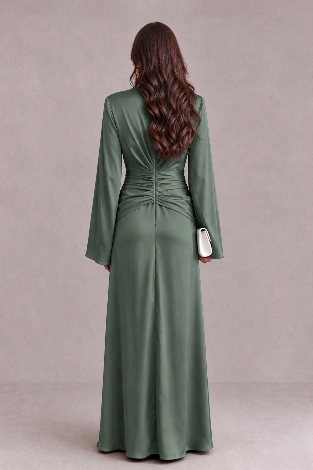 BOLODOO Eucalyptus Yellow Satin-Look V-Neck Long Bell Sleeve Evening Dress - Eucalyptus - Eucalyptus_2