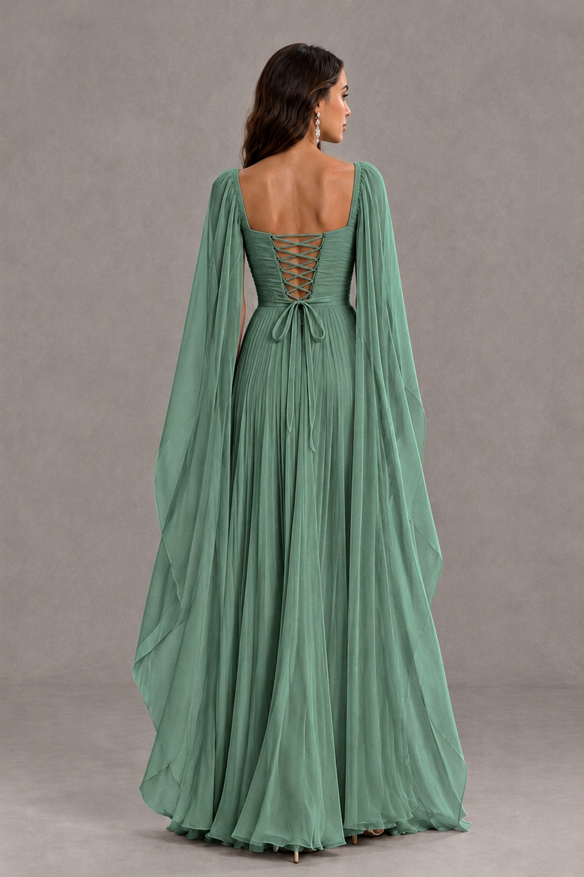 BOLODOO Eucalyptus Square Neck Cape Sleeve A-Line Evening Dress - Eucalyptus - Eucalyptus_2