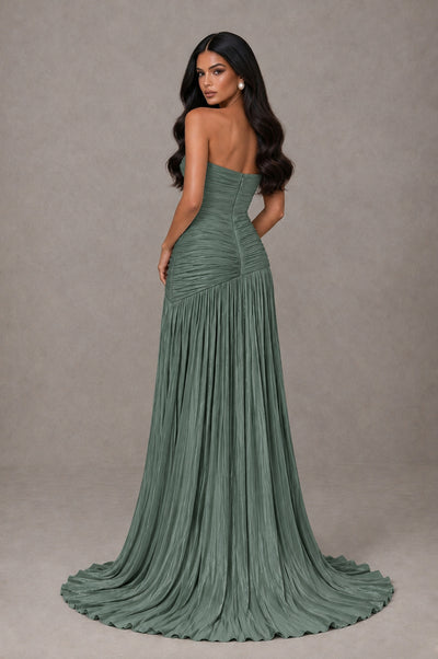 BOLODOO Eucalyptus Metallic Ruched Strapless Pleated A-Line Backless Maxi Dress with Train - Eucalyptus - Eucalyptus_2